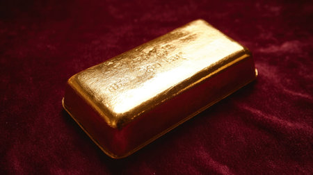 A gleaming gold bullion bar resting elegantly on a rich velvet backdrop represents concepts of wealth and luxury in finance, investment, and prosperity.の素材