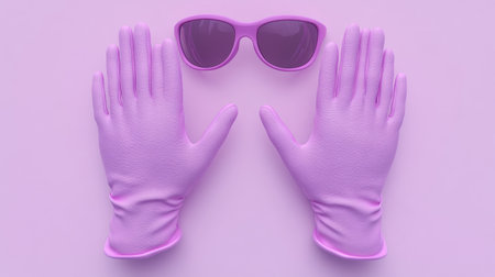 This image features pink gloves and stylish sunglasses set against a soft pastel purple background, perfect for fashion-focused themes and creative projects.の素材
