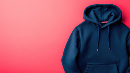 A cozy navy blue hoodie laid out against a vibrant pink background, perfect for showcasing casual fashion trends and everyday comfort in clothing design.の素材