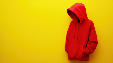 This striking image features a vibrant red hoodie displayed against a bright yellow background, ideal for showcasing youth fashion and urban style trends.の素材