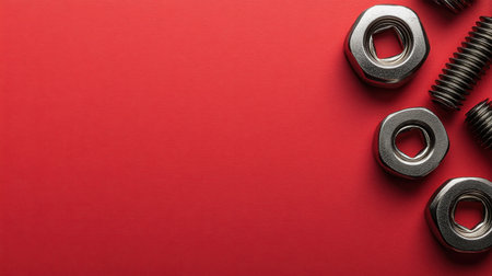 A detailed close-up of shiny steel nuts and bolts arranged on a vibrant red background, perfect for industrial and craft-themed projects.の素材