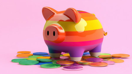 A vibrant and colorful piggy bank sits atop a pile of shiny coins against a light pink background. This playful scene represents saving and financial education, making it ideal for creative financial topics and inspiring young savers.の素材