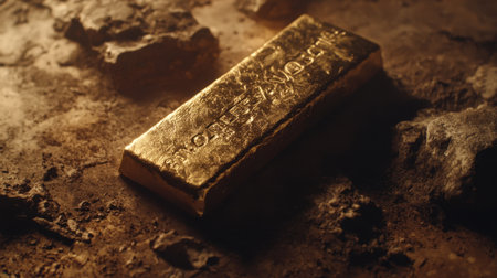 A golden bar sits majestically against a rugged, earthy backdrop, highlighting its shimmering surface and rich textures, symbolizing luxury and wealth.の素材