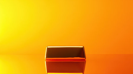 This image showcases a polished gold bar positioned on a reflective surface, set against a warm yellow background that exudes luxury and elegance.の素材