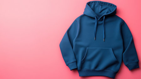 A soft blue hoodie laid out on a smooth pink background, perfect for fashion projects, apparel marketing, or cozy casual style promotions.の素材