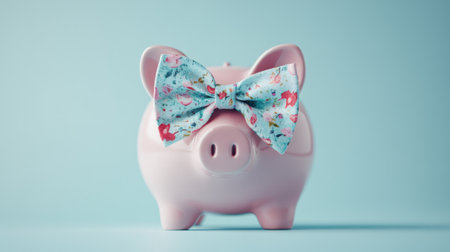 This image features an adorable pink piggy bank adorned with a bright floral bow tie, set against a soft blue background, perfect for conveying themes of savings and budgeting.の素材