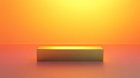 A sleek golden rectangular block stands against a vibrant gradient background of warm yellow and orange hues, creating a stunning visual impact.の素材