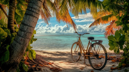 A serene beach scene featuring a vintage bicycle resting amidst lush tropical palms, offering a picturesque view of the clear blue ocean and inviting tranquility.の素材