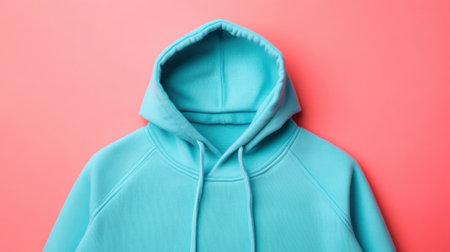 This image features a soft turquoise hoodie laid flat against a vibrant pink backdrop, highlighting a blend of casual fashion and comfort for every season.の素材