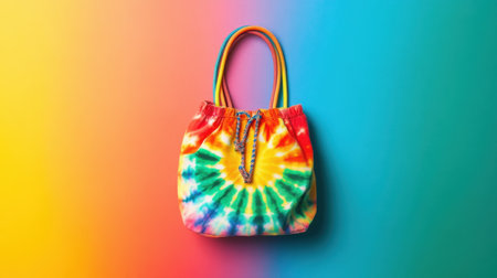 A stunning tie-dye drawstring bag displayed against a vivid yellow and blue background, perfect for showcasing youthful fashion and creativity.の素材