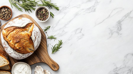 This image captures a freshly baked artisan bread with a crunchy crust, served with olive oil and herbs on a marble table, ideal for culinary creativity.の素材