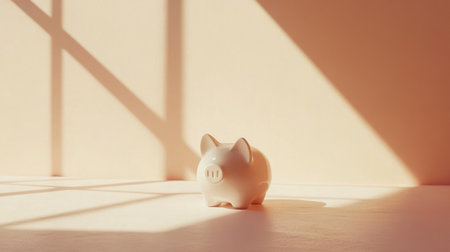 A minimalist white piggy bank sits peacefully in soft sunlight, creating calming shadows on a light peach background, representing savings and financial growth.の素材