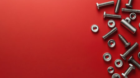 A collection of metallic screws and washers is scattered on a vibrant red background, showcasing shiny reflections for industrial and DIY projects.の素材
