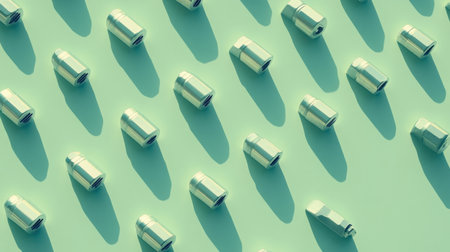 This image features a visually striking arrangement of geometric shapes and containers set against a soft color background, showcasing shadows and depth.の素材