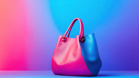 This image features a colorful handbag in pink and blue tones set against a vibrant gradient background, perfect for fashion and retail applications.の素材