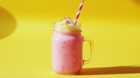 A delightful pink milkshake served in a clear jar topped with whipped cream and a striped straw, perfect for summer enjoyment against a vivid yellow backdrop.の素材