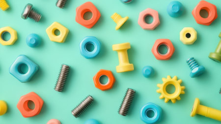 A vibrant assortment of colorful nuts and bolts arranged on a mint background, perfect for industrial or creative use in various projects.の素材