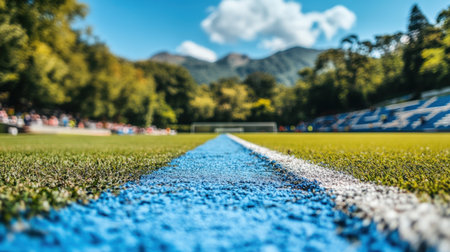 A stunning view of a soccer pitch featuring a blue line on vibrant green grass under a bright blue sky and majestic mountains, ideal for sports.の素材