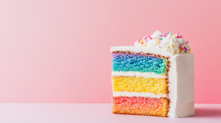 A visually appealing slice of a colorful layered cake features bright blue, yellow, and pink layers topped with fluffy whipped cream and sprinkles, set against a soft pink background, making it perfect for celebrations.の素材