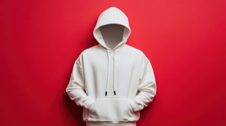 A minimalist white hoodie stands out against a vibrant red background, highlighting a contemporary fashion statement. This image captures urban style and comfort, perfect for apparel marketing.の素材