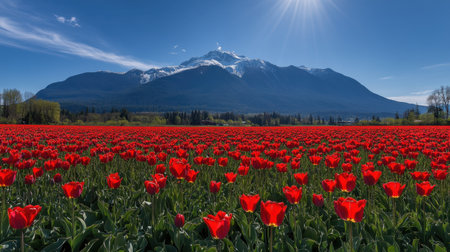 A stunning landscape featuring a vibrant field of red tulips in full bloom, set against a majestic mountain backdrop under a clear blue sky, evoking a sense of peace.の素材