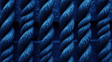 Close-up view of a blue rope texture with defined twists and a rich surface. The image captures the intricate details and vibrant color contrast, evoking strength and design.の素材