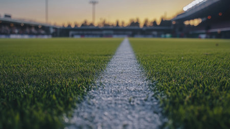 A close-up view of a well-maintained soccer field showcasing lush green grass and a crisp white line, set against a beautiful sunset sky, perfect for sports-related themes.の素材