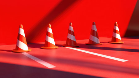 A striking visual of five bright orange traffic cones with white stripes lined up neatly against a vivid red backdrop, creating an eye-catching composition.の素材