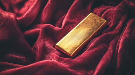 A gleaming gold bar rests elegantly on luxurious deep red velvet fabric, creating a striking contrast that evokes feelings of wealth and sophistication.の素材
