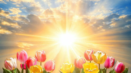 A breathtaking view of colorful tulips basking in the warm sunlight during sunrise, surrounded by dramatic clouds, creating a serene and vibrant atmosphere.の素材