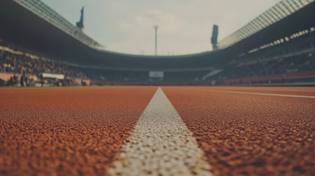 A detailed close-up of a running track showcasing the vibrant orange surface with an empty stadium in the background under a clear blue sky.の素材