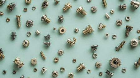 An extensive collection of assorted metal fasteners and hardware pieces arranged on a soft light background, showcasing various sizes and types ideal for industrial-themed projects.の素材