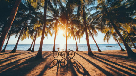 Captivating scene of bicycles positioned under swaying palm trees at sunset, highlighting a peaceful beach and vibrant ocean, perfect for adventure seekers.の素材