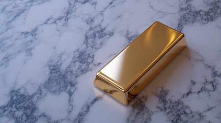 A stunning gold bar shines brightly against an exquisite white marble surface, emphasizing luxury and prosperity. Perfect for finance and investment themes.の素材