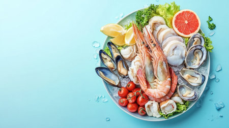 A vibrant and tantalizing seafood platter featuring prawns, oysters, and mussels, garnished with fresh vegetables and fruits, ideal for any culinary occasion.の素材
