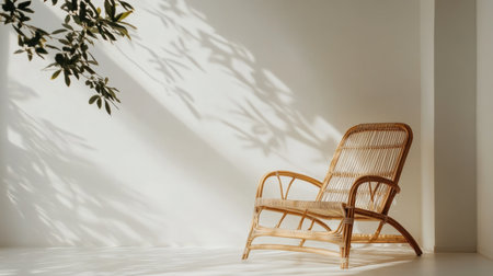 A cozy rattan chair sits quietly in a minimalist room, bathed in soft natural light, creating a serene atmosphere enhanced by delicate shadows.の素材