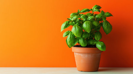 A vibrant basil plant in a terracotta pot stands against a striking orange background, highlighting its lush greenery and adding a fresh touch to home decor.の素材