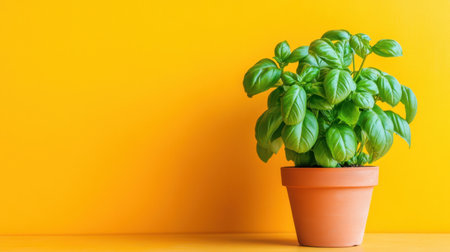 A bright and cheerful basil plant in a terracotta pot sits against a vivid yellow background. This image captures the essence of fresh herbs, perfect for culinary uses. Ideal for promoting healthy cooking or indoor gardening.の素材
