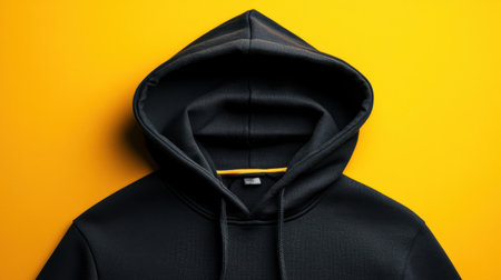 A stylish black hoodie displayed against a bright yellow background. This minimalist piece combines comfort and modern fashion, ideal for casual wear.の素材