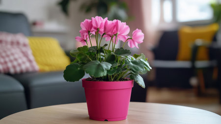 This image features a vibrant pink cyclamen plant beautifully positioned in a modern living room, surrounded by cozy decor.の素材