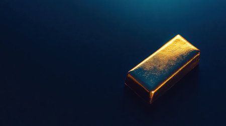 A single gold bar rests on a dark surface, showcasing its reflective surface and smooth texture. This image represents wealth, luxury, and investment.の素材