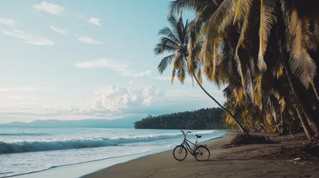 A peaceful beach landscape featuring a bicycle parked beside palm trees, with gentle ocean waves lapping at the shore under a clear sky.の素材