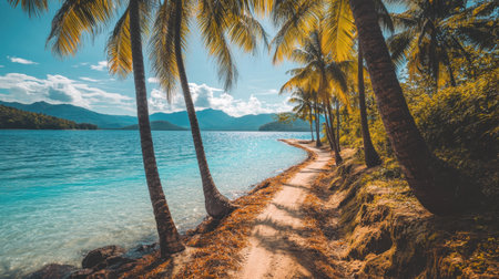 Experience the calmness of a tropical beach pathway lined with swaying palm trees, leading to crystal clear waters and picturesque mountains beyond.の素材