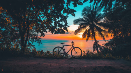 A stunning sunset frames a bicycle silhouette against a tropical beach, surrounded by palm trees. This picturesque scene captures the essence of relaxation and adventure.の素材