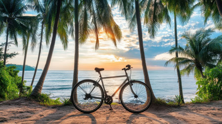 A beautiful scene featuring a bicycle against a backdrop of palm trees and a stunning sunset over the ocean. Ideal for travel enthusiasts.の素材