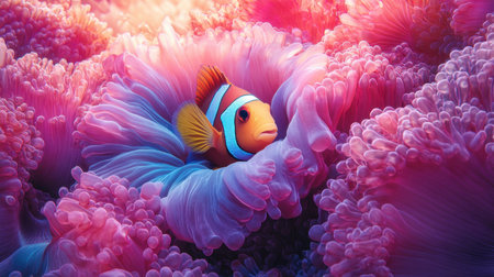 A stunning clownfish nestled among vibrant sea anemones, showcasing the beauty of marine life in a peaceful underwater environment filled with color and tranquility.の素材