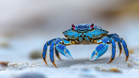 A stunning close-up of a vibrant blue crab moving across a sandy beach, showcasing its colorful claws and intricate details in soft natural light.の素材