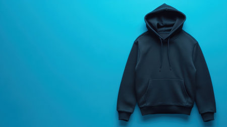 This image showcases a stylish black hoodie perfectly positioned against a bright blue background, ideal for fashion promotions and apparel marketing.の素材