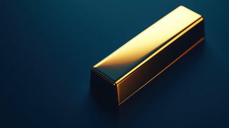 A shiny gold bar rests on a dark surface, capturing light and creating reflections. This beautiful image symbolizes wealth, luxury, and investment opportunities.の素材