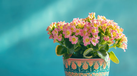 A beautiful arrangement of delicate pink flowers in a decorative pot, set against a soft turquoise background, perfect for home decor and floral inspiration.の素材
